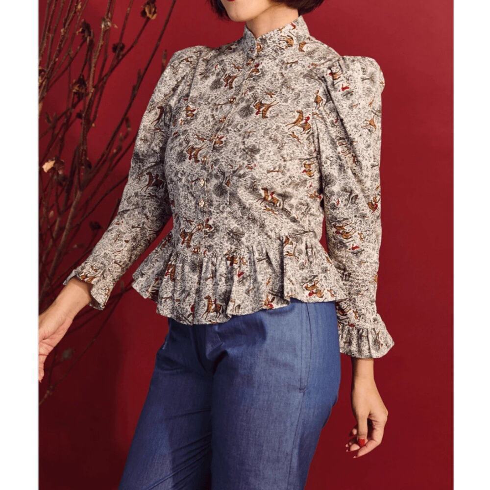 Duru Horse Print Peplum Button Down Shirt Large